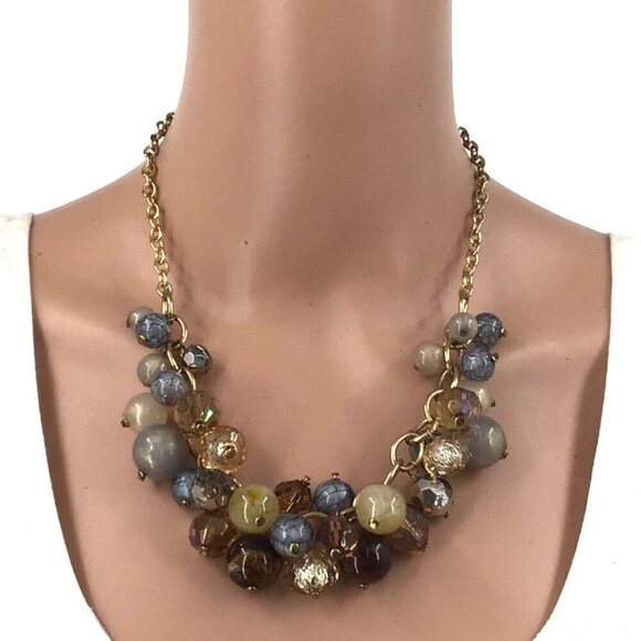 Beaded Statement Necklace Gold Tone Brown Cream Gray Adjustable Length - Picture 1 of 2